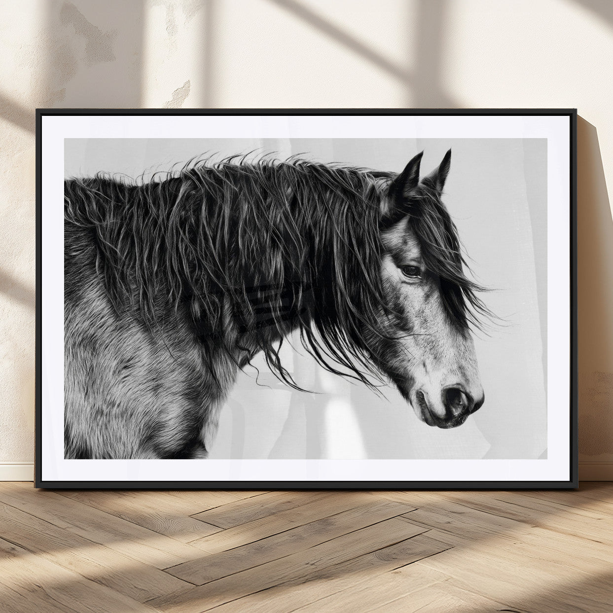57694-MGC-FP-36x24_Black-Horse Portrait Wall Art – Black and White Canvas Print with Detailed Stallion Profile, Rustic Farmhouse Equestrian Artwork for