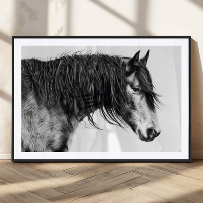 57694-MGC-FP-36x24_Black-Horse Portrait Wall Art – Black and White Canvas Print with Detailed Stallion Profile, Rustic Farmhouse Equestrian Artwork for