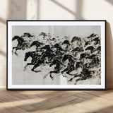 23069-MGC-FP-36x24_Black-Galloping Horses Wall Art – Black Ink Painting on Canvas, Dynamic Equestrian Artwork with Running Stallions, Expressive Modern