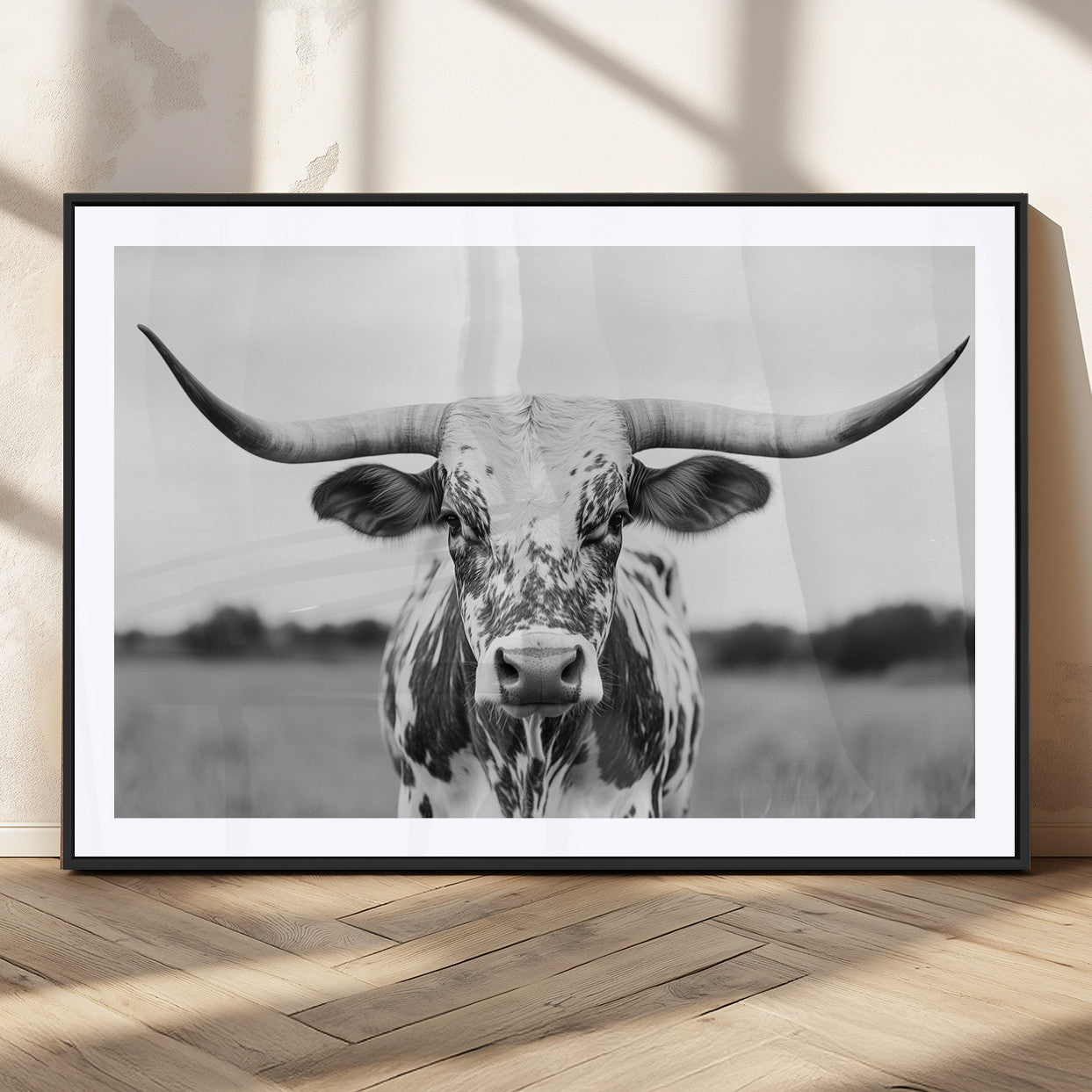 20272-MGC-FP-36x24_Black-Highland Cow Wall Art – Black and White Western Longhorn Canvas Print, Farmhouse Living Room Decor Southwestern Animal Artwork for