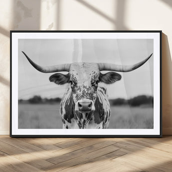 20272-MGC-FP-36x24_Black-Highland Cow Wall Art – Black and White Western Longhorn Canvas Print, Farmhouse Living Room Decor Southwestern Animal Artwork for