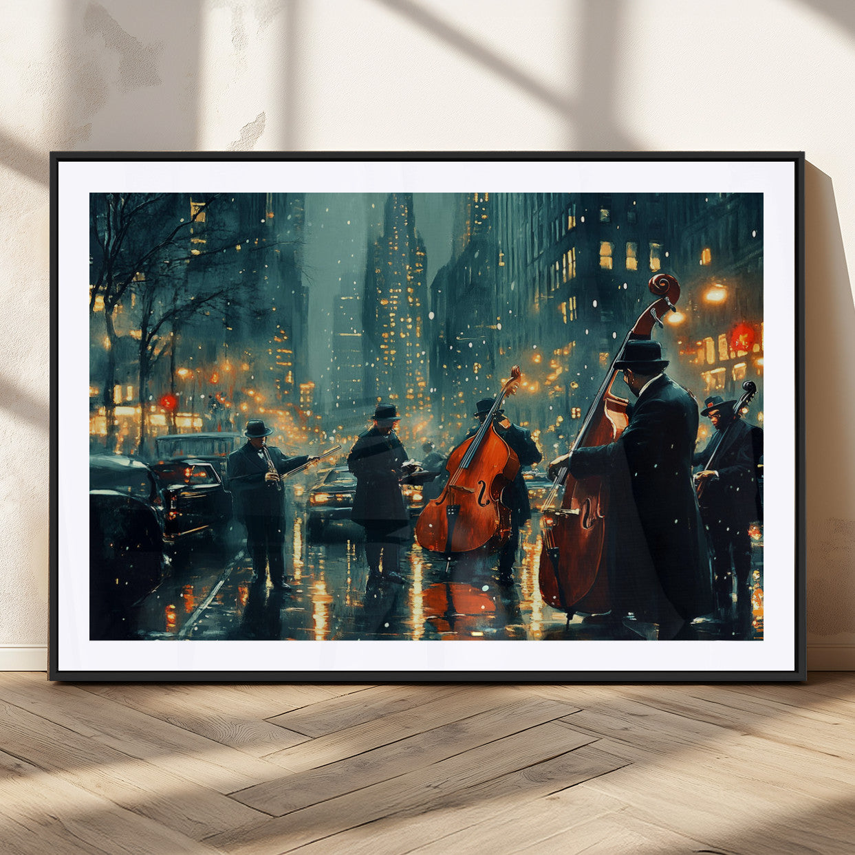 53391-MGC-FP-36x24_Black-Jazz Band City Street Wall Art – Rainy Night Urban Jazz Scene Canvas Print, Vintage Musician Artwork for Living Room, Office, Bar,