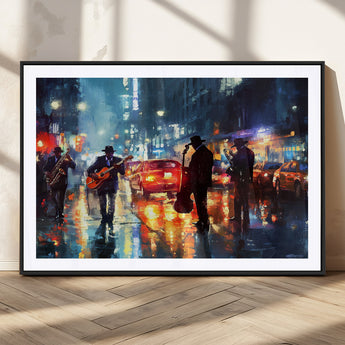 94605-MGC-FP-36x24_Black-City Jazz Night Wall Art – Vibrant Music Canvas Print Featuring Saxophone, Guitar and Bass Players, Urban Street Scene Artwork for