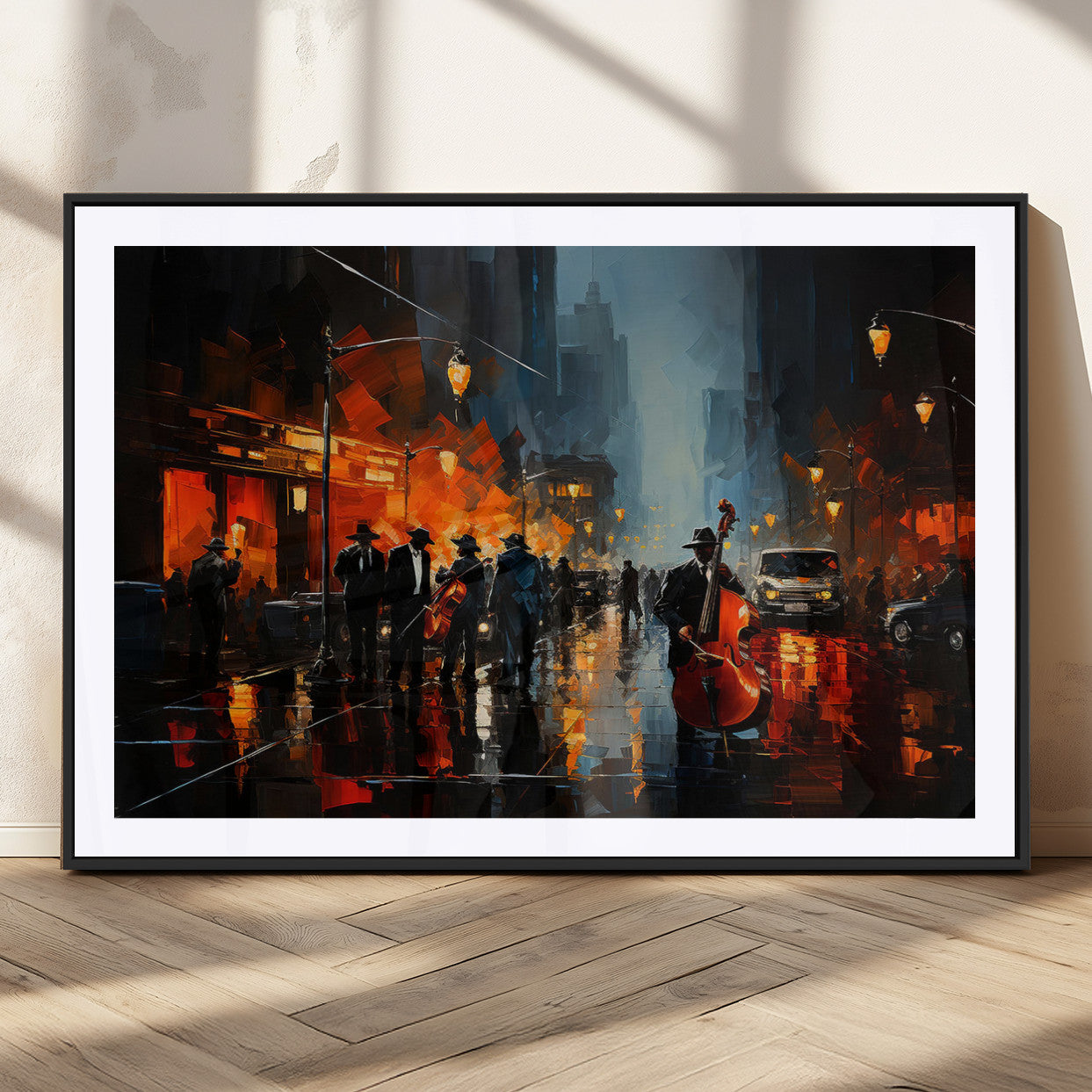 46538-MGC-FP-36x24_Black-Urban Jazz Night Wall Art – Dramatic Music Canvas Print with Double Bass and Street Musicians, Modern City Scene Artwork for
