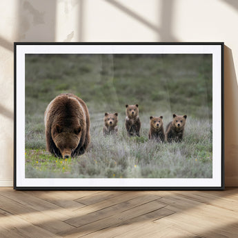 65087B-MGC-FP-36x24_Black-Bear Family Wall Art – Wildlife Canvas Print Featuring Mother Bear with Cubs in Nature, Rustic Animal Artwork for Living Room,