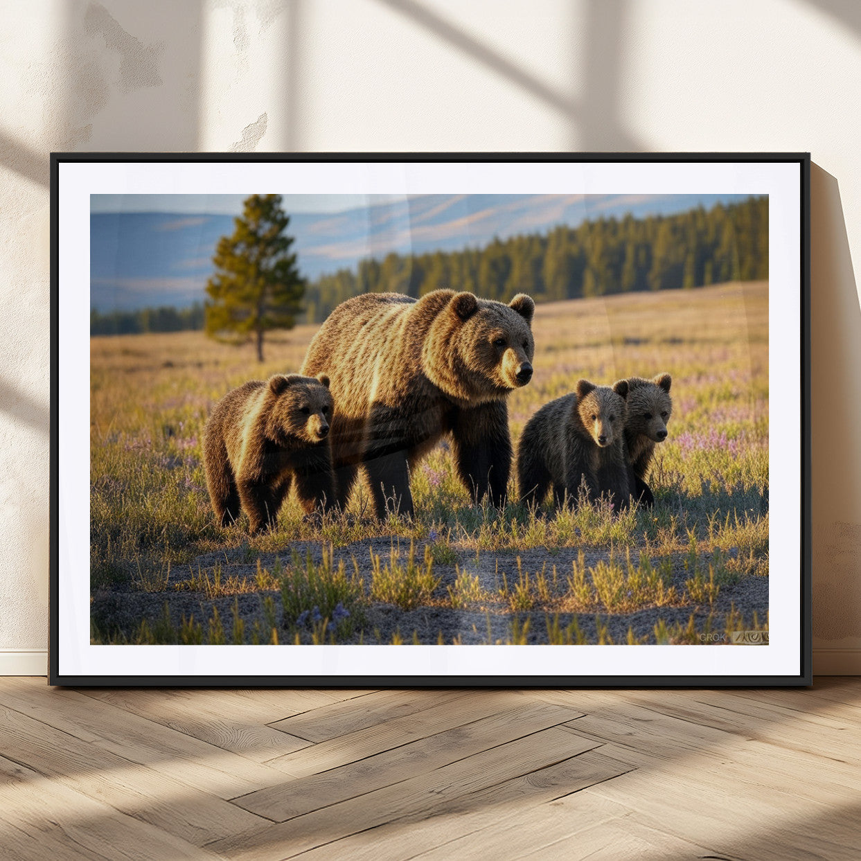 43400-MGC-FP-36x24_Black-Bear Family Wall Art – Wildlife Canvas Print of Mother Bear with Cubs in Sunlit Meadow, Rustic Animal Artwork for Living Room,