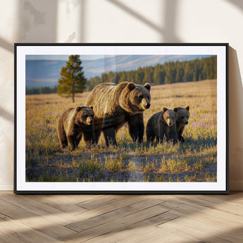 43400-MGC-FP-36x24_Black-Bear Family Wall Art – Wildlife Canvas Print of Mother Bear with Cubs in Sunlit Meadow, Rustic Animal Artwork for Living Room,
