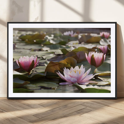 28394-MGV-CV-36X24-Water Lily Pond Wall Art – Pink Lotus Flowers Canvas Print with Green Lily Pads, Peaceful Botanical Artwork for Living Room,
