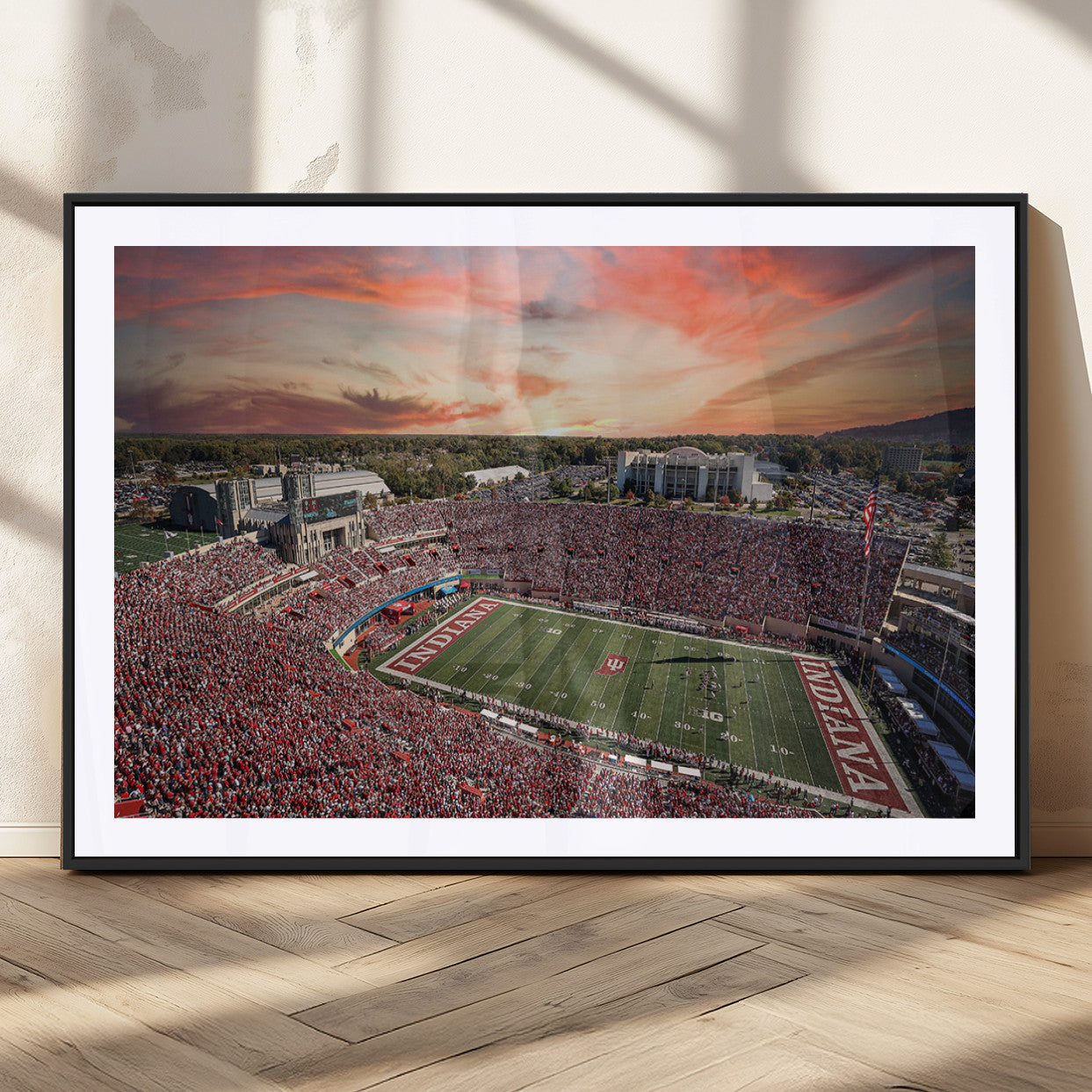 51135-MGC-FP-36x24_Black-Indiana Hoosiers Stadium Wall Art – Panoramic Football Canvas Print with Game Day Crowd and Sunset Sky, Sports Artwork for Man