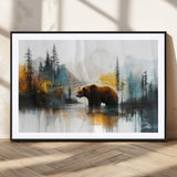 50308-MGC-FP-36x24_Black-Abstract Rustic Bear Wall Art – Forest and Mountain Scene Canvas Print, Nature Artwork for Modern Farmhouse or Log Cabin Decor
