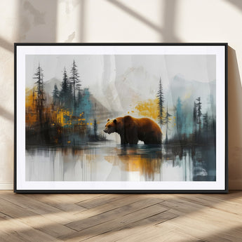 50308-MGC-FP-36x24_Black-Abstract Rustic Bear Wall Art – Forest and Mountain Scene Canvas Print, Nature Artwork for Modern Farmhouse or Log Cabin Decor