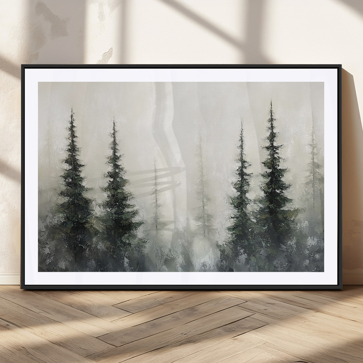 33241-MGC-FP-36x24_Black-Misty Forest Wall Art Canvas Print, Framed Foggy Pines Art Picture Print, Forest Haze Perfect Rustic Minimalist Decor Artwork