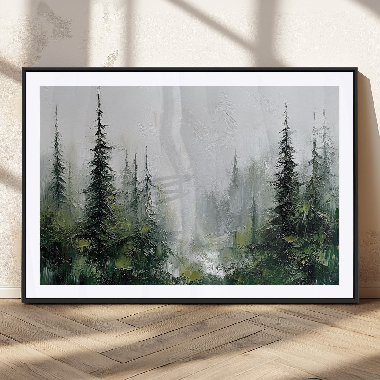 76014-MGC-FP-36x24_Black-Forest Wall Art – Textured Canvas Print Featuring Misty Evergreen Pines and Woodland Landscape, Rustic Nature Artwork for Living