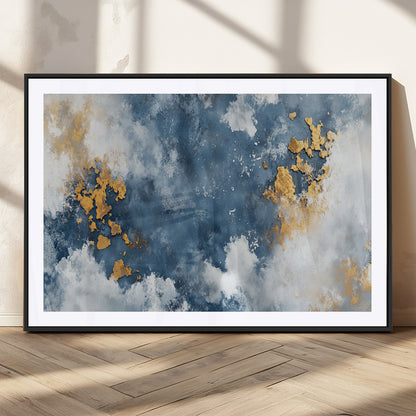 39575-MGC-FP-36x24_Black-Blue and Gold Abstract Wall Art – Modern Canvas Print Featuring Cloudy Textures with Metallic Accents, Contemporary Artwork for