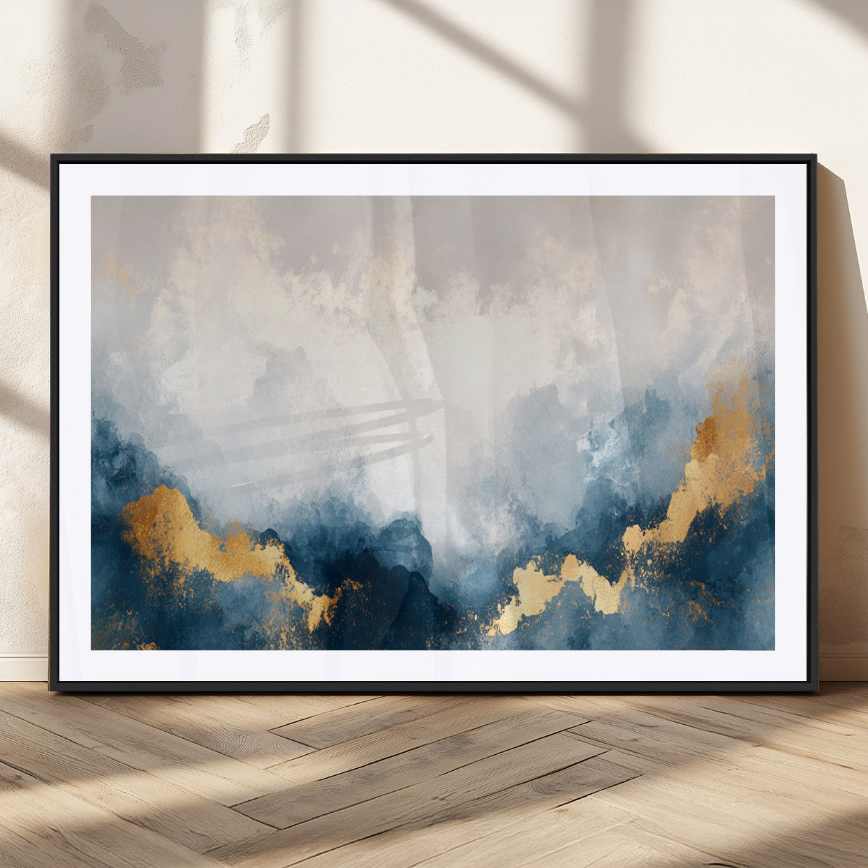 14578-MGC-FP-36x24_Black-Abstract Wall Art – Modern Canvas Print Featuring Blue and White Clouds with Golden Accents, Contemporary Elegant Artwork for