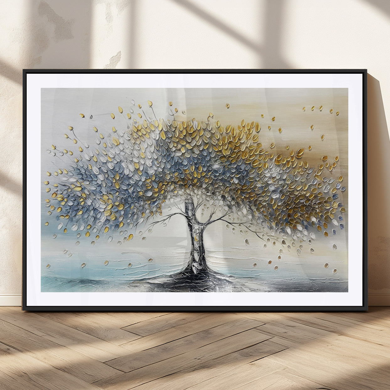 24771-MGV-CV-36X24-Silver Tree Wall Art Canvas Print, Framed Golden Leaves Art Picture Print, Metallic Tree Perfect Minimalist Luxury Decor Artwork