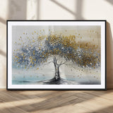 24771-MGV-CV-36X24-Silver Tree Wall Art Canvas Print, Framed Golden Leaves Art Picture Print, Metallic Tree Perfect Minimalist Luxury Decor Artwork