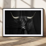 97914921-MGC-FP-36x24_Black-Black Bull Wall Art Canvas Print, Framed Longhorn Bull Art Picture Print, Western Bull Perfect Monochrome Western Decor Artwork