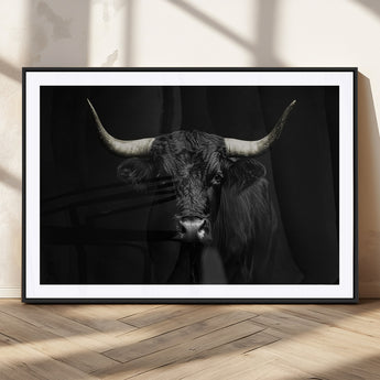 97914921-MGC-FP-36x24_Black-Black Bull Wall Art Canvas Print, Framed Longhorn Bull Art Picture Print, Western Bull Perfect Monochrome Western Decor Artwork