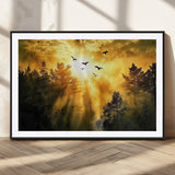 13776802-MGC-FP-36x24_Black-Golden Forest Wall Art Canvas Print, Framed Sunset Pines Art Picture Print, Flying Birds Perfect Nature Glow Decor Artwork