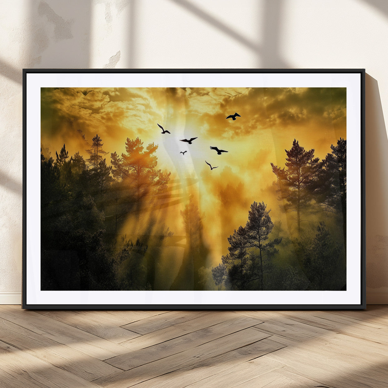 13776802-MGC-FP-36x24_Black-Golden Forest Wall Art Canvas Print, Framed Sunset Pines Art Picture Print, Flying Birds Perfect Nature Glow Decor Artwork