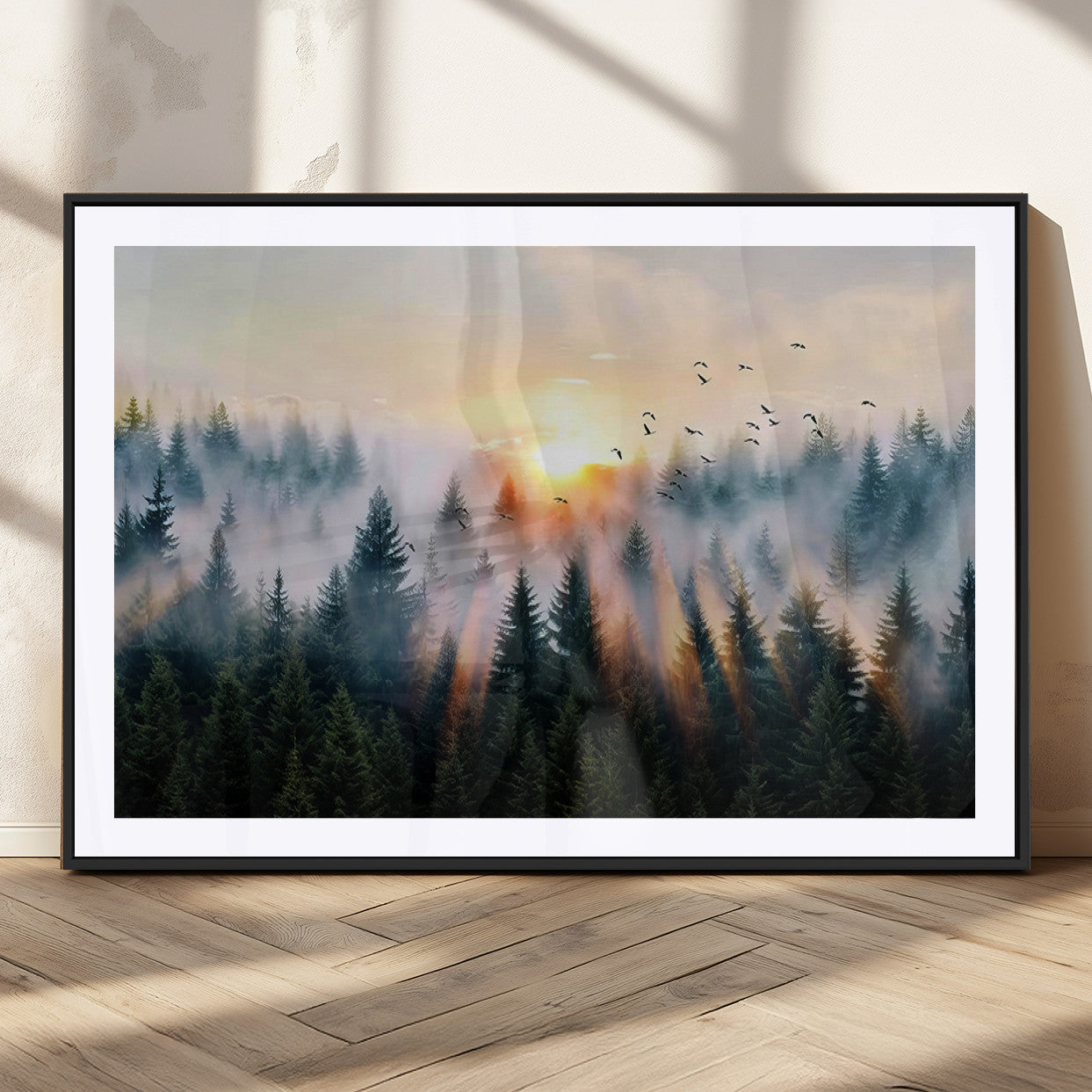 56391411-MGC-FP-36x24_Black-Misty Forest Wall Art Canvas Print, Framed Sunrise Pines Art Picture Print, Moody Pines Perfect Serene Woodland Decor Artwork