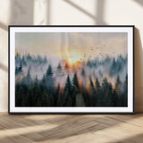 56391411-MGC-FP-36x24_Black-Misty Forest Wall Art Canvas Print, Framed Sunrise Pines Art Picture Print, Moody Pines Perfect Serene Woodland Decor Artwork