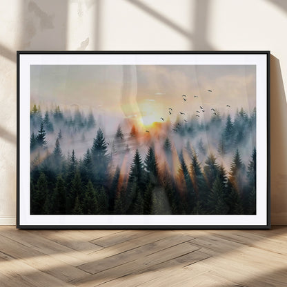56391411-MGC-FP-36x24_Black-Misty Forest Wall Art Canvas Print, Framed Sunrise Pines Art Picture Print, Moody Pines Perfect Serene Woodland Decor Artwork