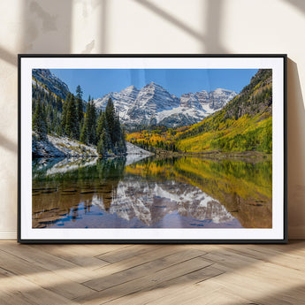 87724099-MGV-CV-36X24-Maroon Bells Wall Art Canvas Print, Framed Snowy Mountains Art Picture Print, Pine Forest Perfect Vibrant Alpine Decor Artwork