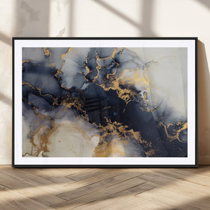 41136487-MGV-CV-36X24-Black Marble Wall Art Canvas Print, Framed Gold Veins Art Picture Print, Abstract Texture Perfect Moody Luxe Decor Artwork