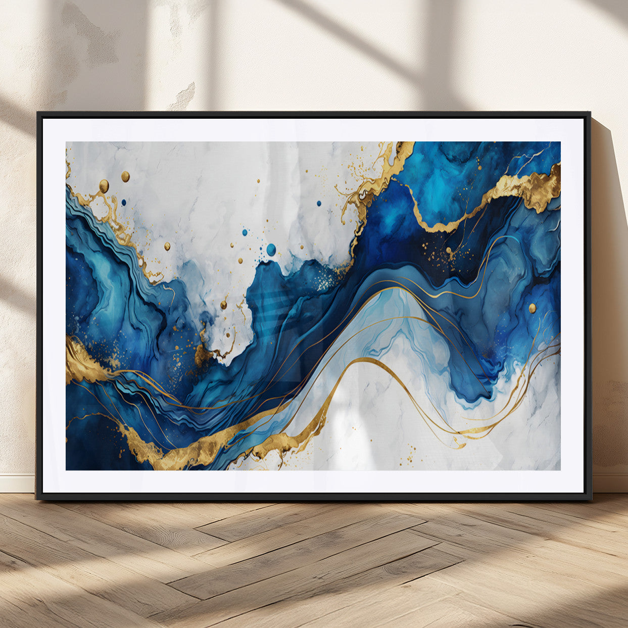 33506371-MGV-CV-36X24-Blue Marble Wall Art Canvas Print, Framed Gold Splash Art Picture Print, Abstract Wave Perfect Modern Luxe Decor Artwork