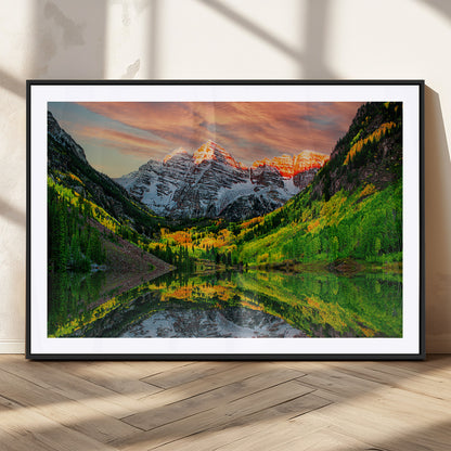 59533484-MGV-CV-36X24-Maroon Bells Autumn Wall Art – Panoramic Mountain Landscape Canvas Print, Sunset Reflection Nature Artwork for Living Room, Office