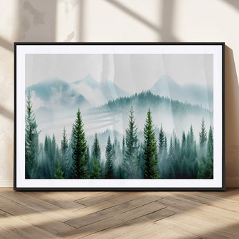 16716676-MGV-CV-36X24-Pine Forest Wall Art Canvas Print, Framed Misty Mountains Art Picture Print, Foggy Trees Perfect Moody Forest Decor Artwork