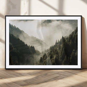57570237-MGV-CV-36X24-Misty Valley Wall Art Canvas Print, Framed Foggy Forest Art Picture Print, Pine Trees Perfect Moody Woodland Decor Artwork