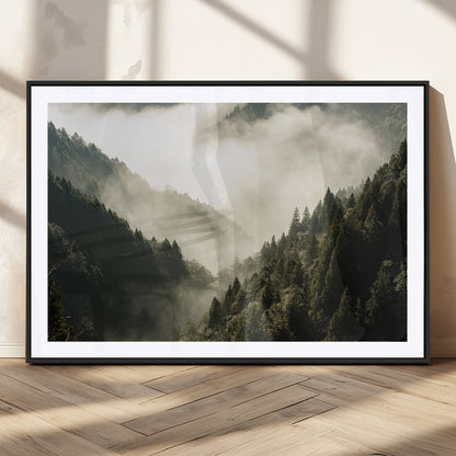 57570237-MGV-CV-36X24-Misty Valley Wall Art Canvas Print, Framed Foggy Forest Art Picture Print, Pine Trees Perfect Moody Woodland Decor Artwork