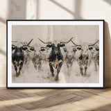 61538944-MGV-CV-36X24-Texas Longhorn Wall Art Canvas Print, Framed Cattles Walking Art Picture Print, Black White Bulls Perfect Rustic Western Decor
