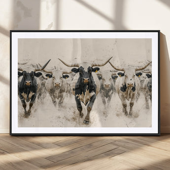 61538944-MGV-CV-36X24-Texas Longhorn Wall Art Canvas Print, Framed Cattles Walking Art Picture Print, Black White Bulls Perfect Rustic Western Decor