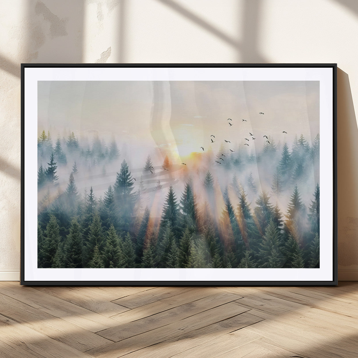 92718976-MGV-CV-36X24-Misty Forest Wall Art Canvas Print, Framed Sunrise Pines Art Picture Print, Foggy Woodland Perfect Moody Woodland Decor Artwork