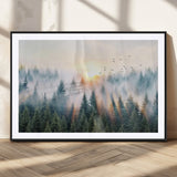92718976-MGV-CV-36X24-Misty Forest Wall Art Canvas Print, Framed Sunrise Pines Art Picture Print, Foggy Woodland Perfect Moody Woodland Decor Artwork