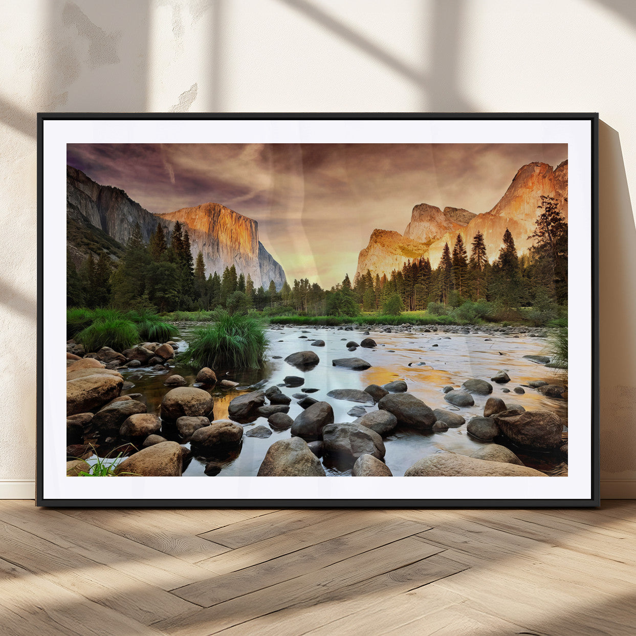 90956031-MGC-FP-36x24_Black-Yosemite Valley Wall Art – Scenic Mountain River Landscape Canvas Print, Nature Photography for Living Room, Bedroom, Cabin,