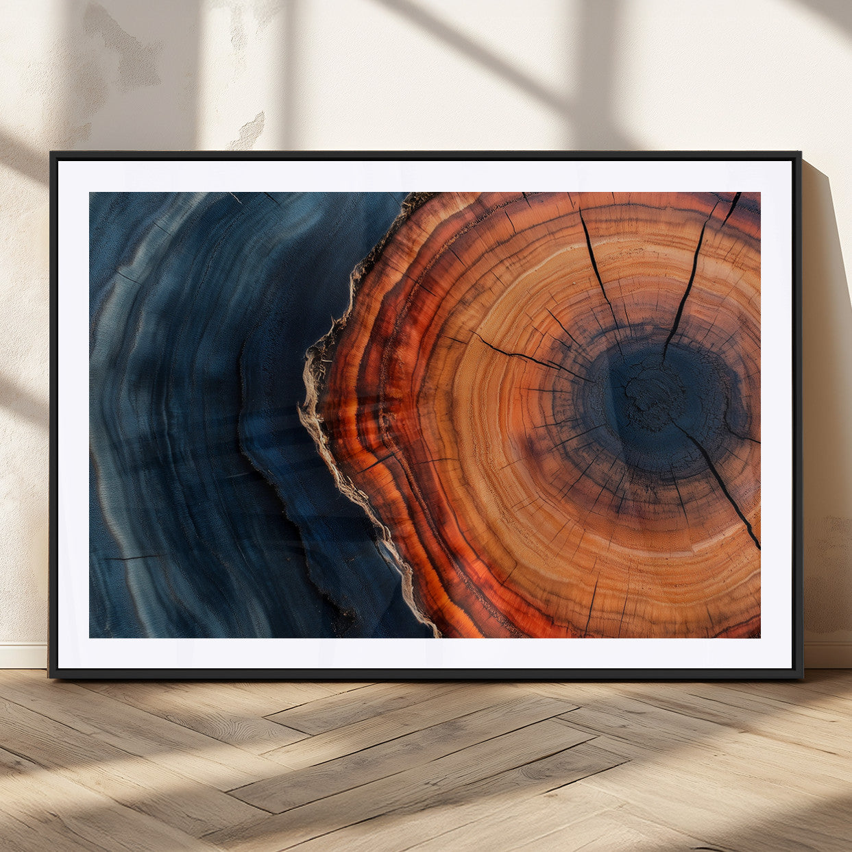 57732250-MGC-FP-36x24_Black-Tree Ring Abstract Wall Art – Blue Orange Wood Grain Canvas Print, Modern Rustic Nature Artwork for Living Room, Office,
