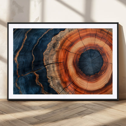 41123192-MGV-CV-36X24-Tree Ring Canvas Wall Art – Abstract Blue Orange Wood Grain Print, Rustic Modern Nature Artwork for Living Room, Bedroom, Office