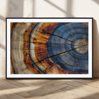 18032999-MGC-FP-36x24_Black-Tree Ring Wall Art – Blue Brown Abstract Wood Slice Canvas Print, Rustic Modern Nature Decor for Living Room, Office, Bedroom or