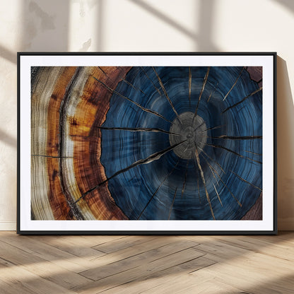 60099360-MGC-FP-36x24_Black-Blue Tree Ring Wall Art – Rustic Wood Grain Canvas Print, Modern Abstract Artwork with Natural Texture for Living Room, Bedroom,