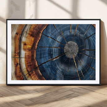 45268471-MGC-FP-36x24_Black-Blue Tree Ring Wall Art – Rustic Wood Cross Section Canvas Print, Modern Abstract Nature Decor for Living Room, Office, or Cabin
