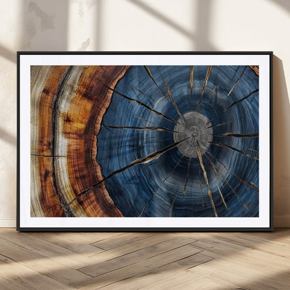 45268471-MGC-FP-36x24_Black-Blue Tree Ring Wall Art – Rustic Wood Cross Section Canvas Print, Modern Abstract Nature Decor for Living Room, Office, or Cabin