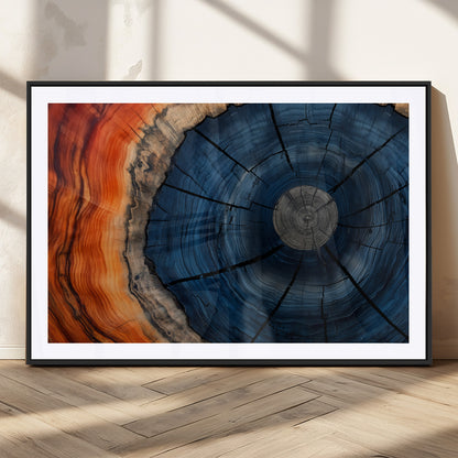 26110607-MGV-CV-36X24-Blue and Orange Tree Ring Wall Art – Abstract Wood Cross Section Canvas Print, Modern Rustic Nature Decor for Living Room, Office,