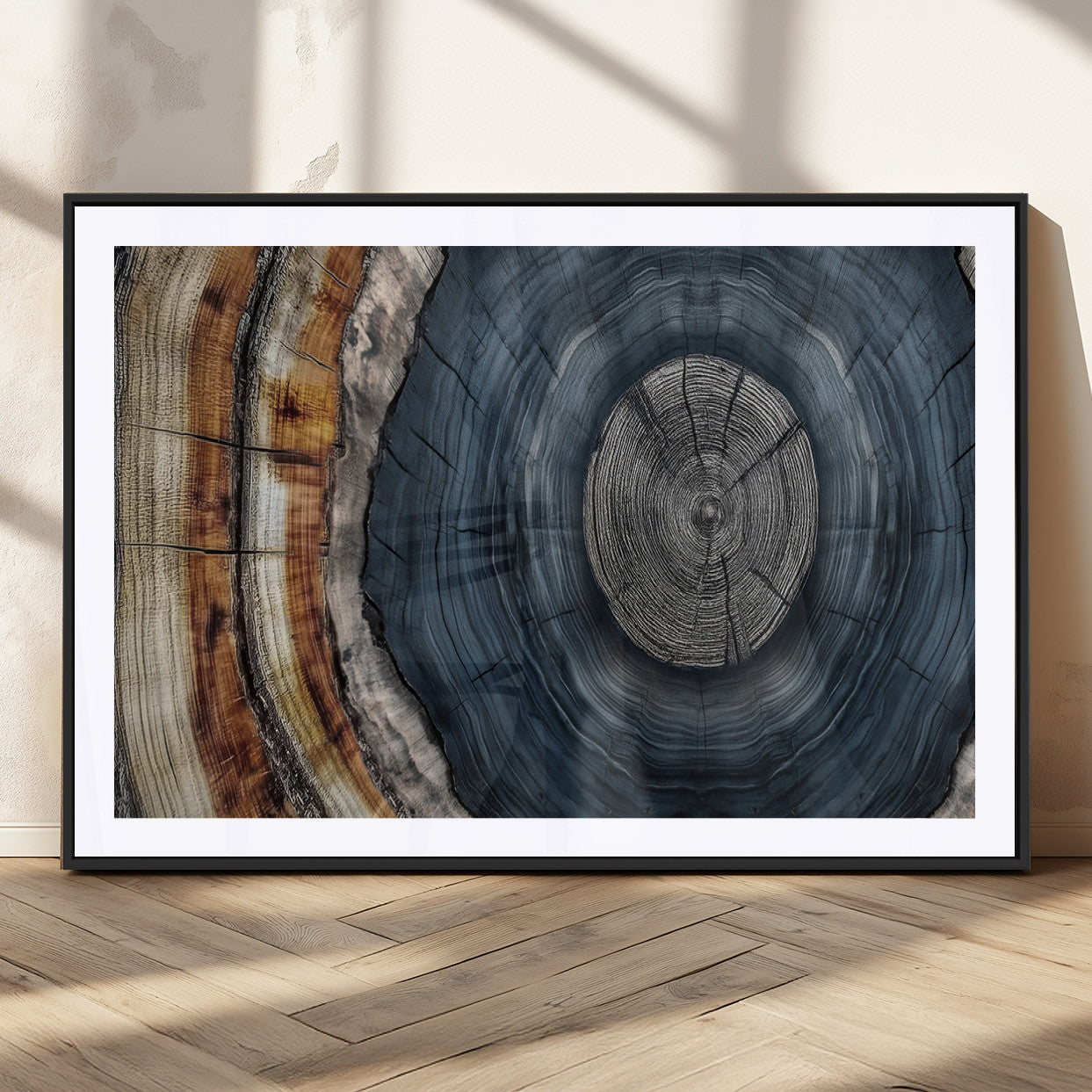 91368647-MGC-FP-36x24_Black-Tree Ring Wall Art – Natural Rustic Wood Texture Canvas Print, Farmhouse Log Cabin Decor, Framed Abstract Tree Stump for Living
