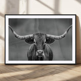 81228550-MGC-FP-36x24_Black-Framed Texas Longhorn Bull Art Canvas Print, Western Bull Wall Art Print, Long Horn Bull Photo Print for Log Cabin, Large Bull