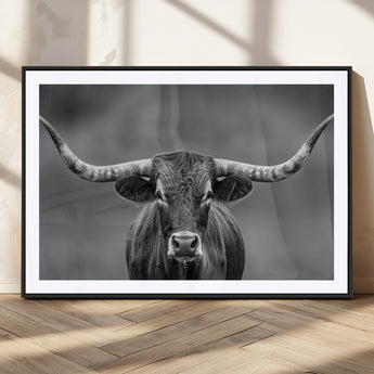 81228550-MGC-FP-36x24_Black-Framed Texas Longhorn Bull Art Canvas Print, Western Bull Wall Art Print, Long Horn Bull Photo Print for Log Cabin, Large Bull